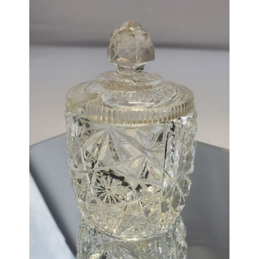 Vintage Clear Cut Crystal Glass Jar Hobstar Mustard Condiment Jam Pot